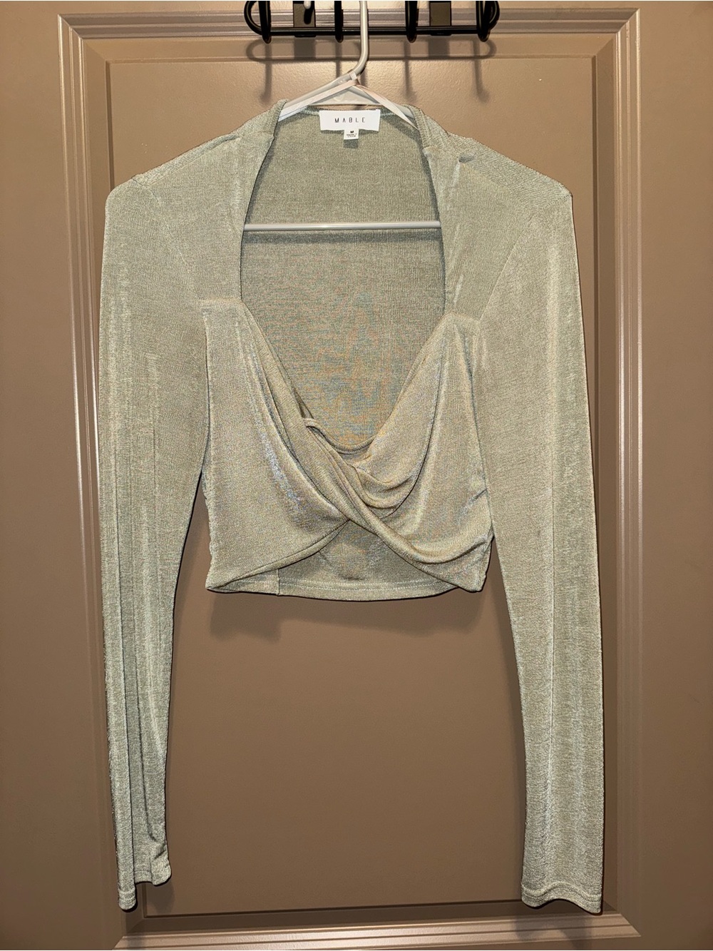 MABLE Draped Long Sleeve Crop Top in Sage Green